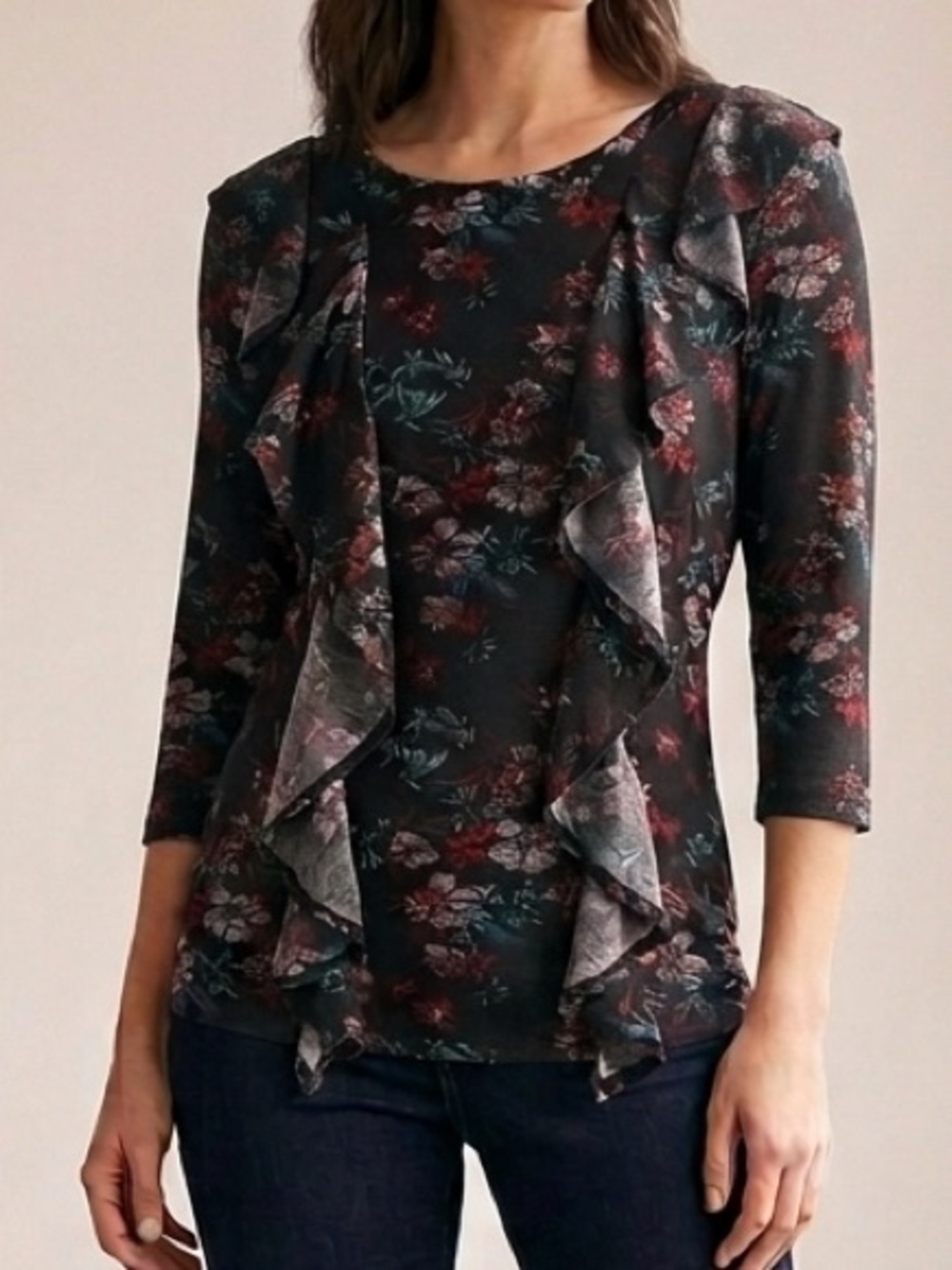 Free People Black Dark Floral Ruffle Front Top